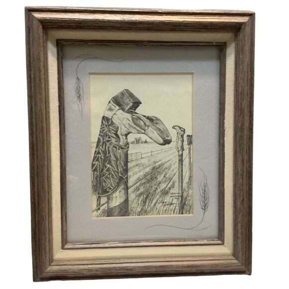 Vtg Sharon Skillman Original Drawing Cowboy Boots Fence Post Barn Country Farm